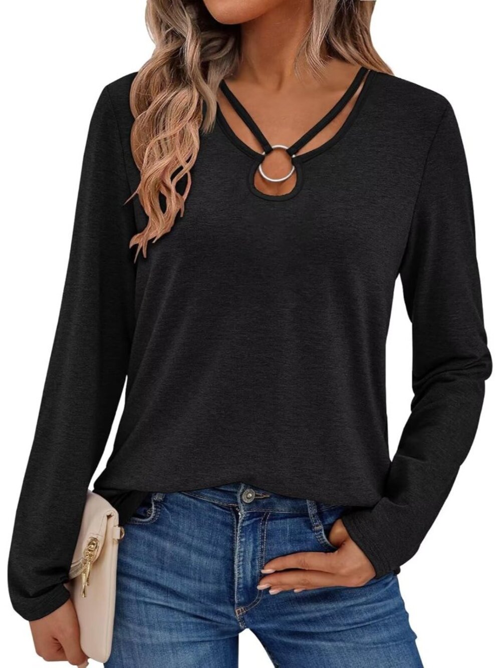 Elegant Women's Long Sleeve Keyhole Neck Tee - Chic Fall Fashion Essential